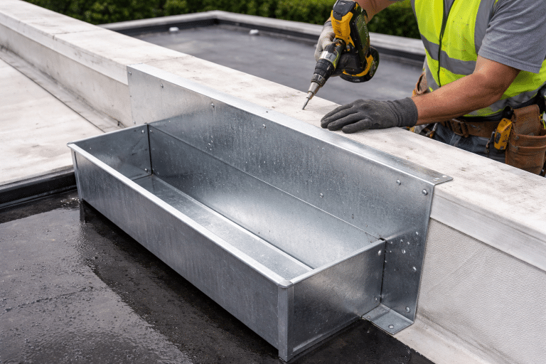 Box gutter and scupper drainage system on Chicago commercial flat roof